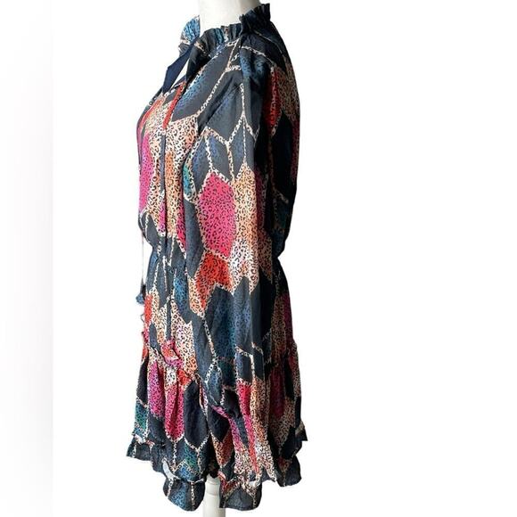 Mulla Long Sleeve Multicolor Animal Print Mini tiered Dress Medium Pink & Blue - Picture 6 of 15